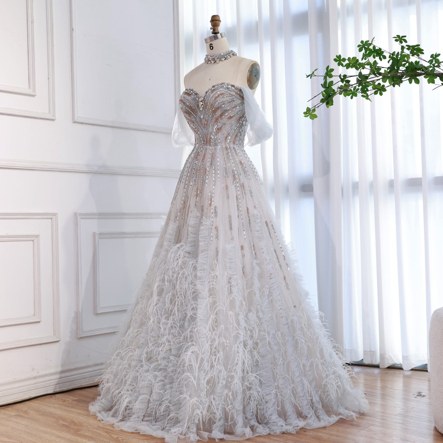 Luxury Blue Feather Beaded A Line Evening Dress LA73549