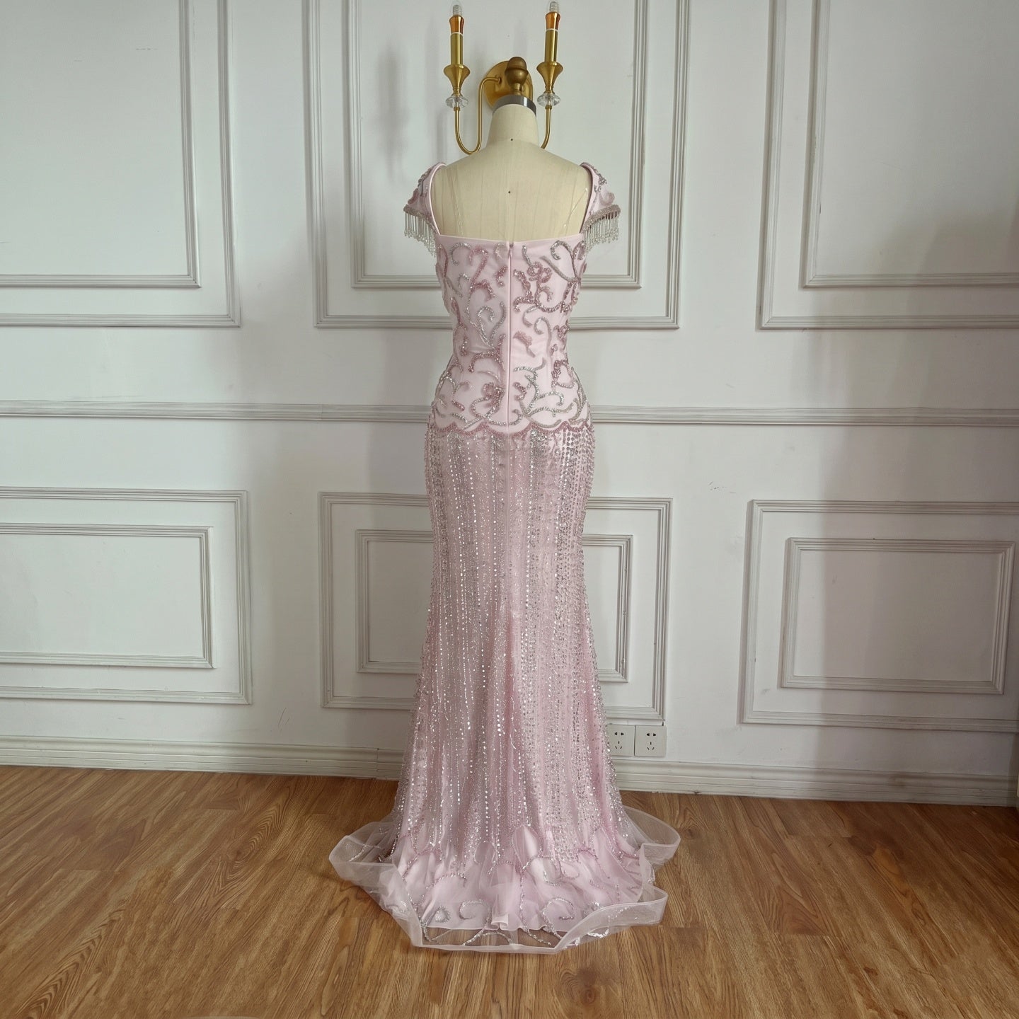 Luxury Blush Pink Square Neck Beaded Mermaid Evening Dress With Short Fringe Sleeves CLA73550