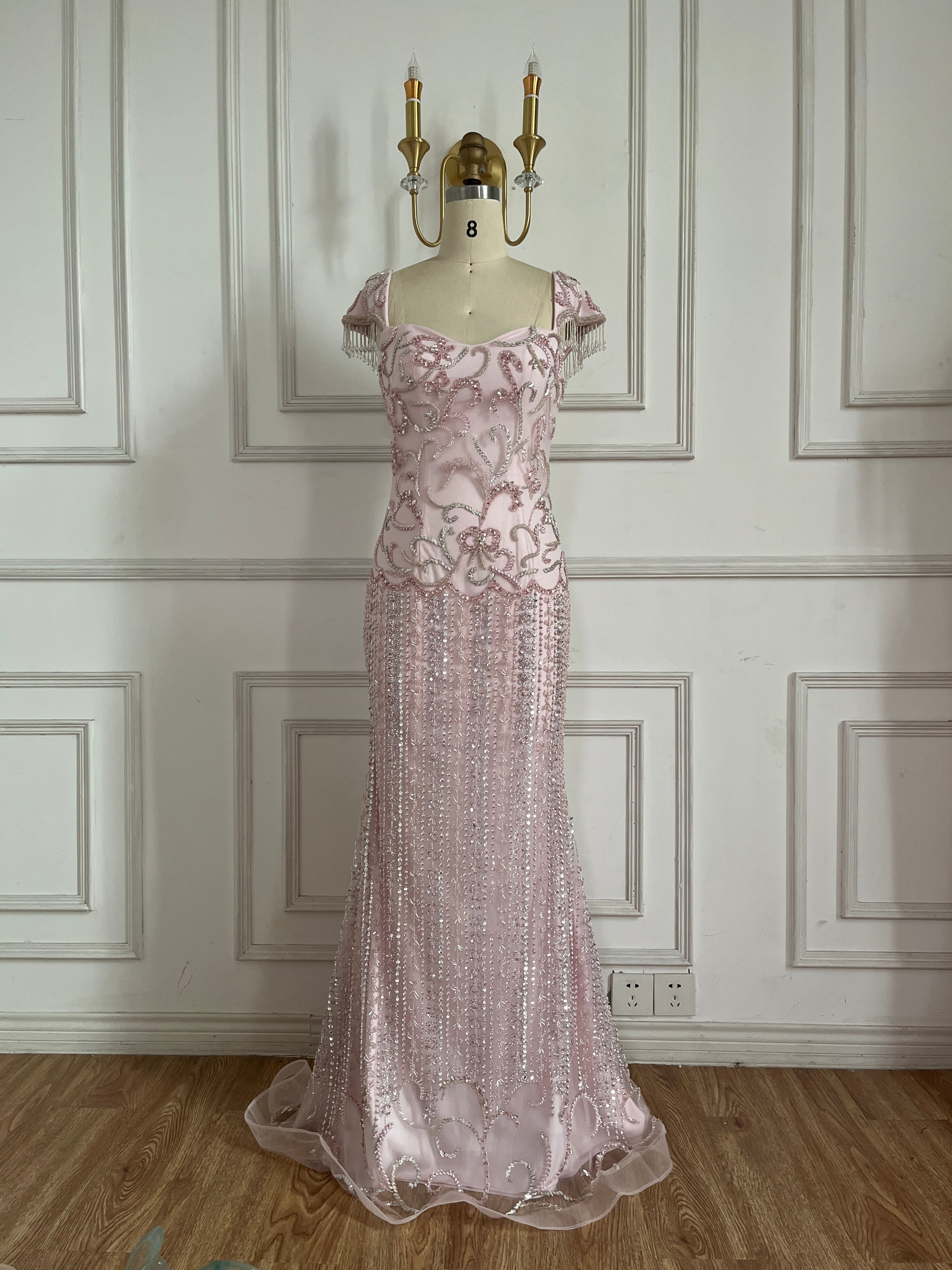 Luxury Blush Pink Square Neck Beaded Mermaid Evening Dress With Short Fringe Sleeves CLA73550