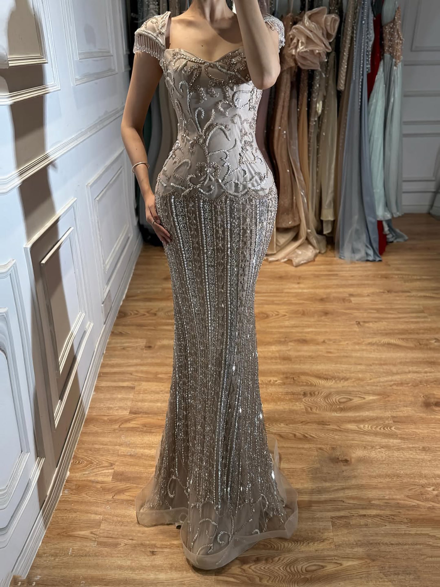 Luxury Blush Pink Square Neck Beaded Mermaid Evening Dress With Short Fringe Sleeves CLA73550