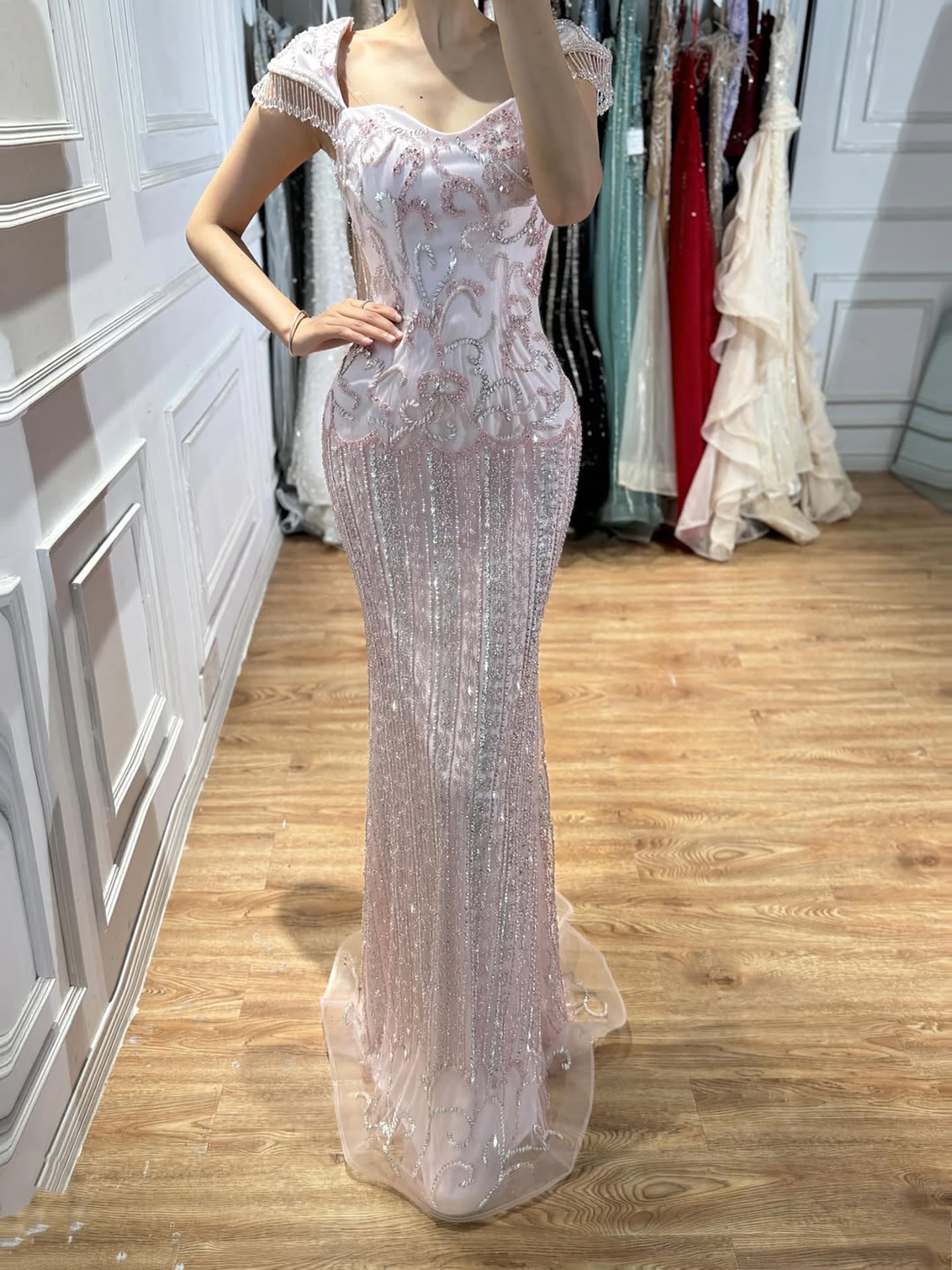 Luxury Pink Beaded Mermaid Evening Dress CLA73550