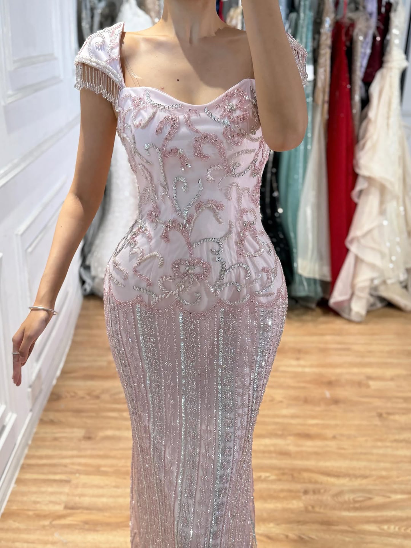 Luxury Pink Beaded Mermaid Evening Dress CLA73550