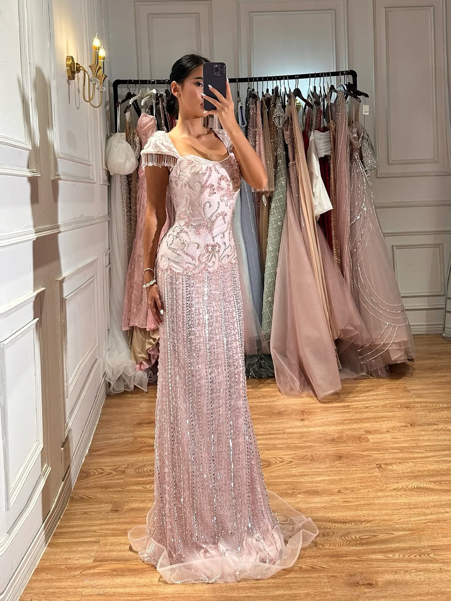 Luxury Blush Pink Square Neck Beaded Mermaid Evening Dress With Short Fringe Sleeves CLA73550