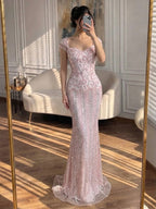 Luxury Pink Beaded Mermaid Evening Dress CLA73550