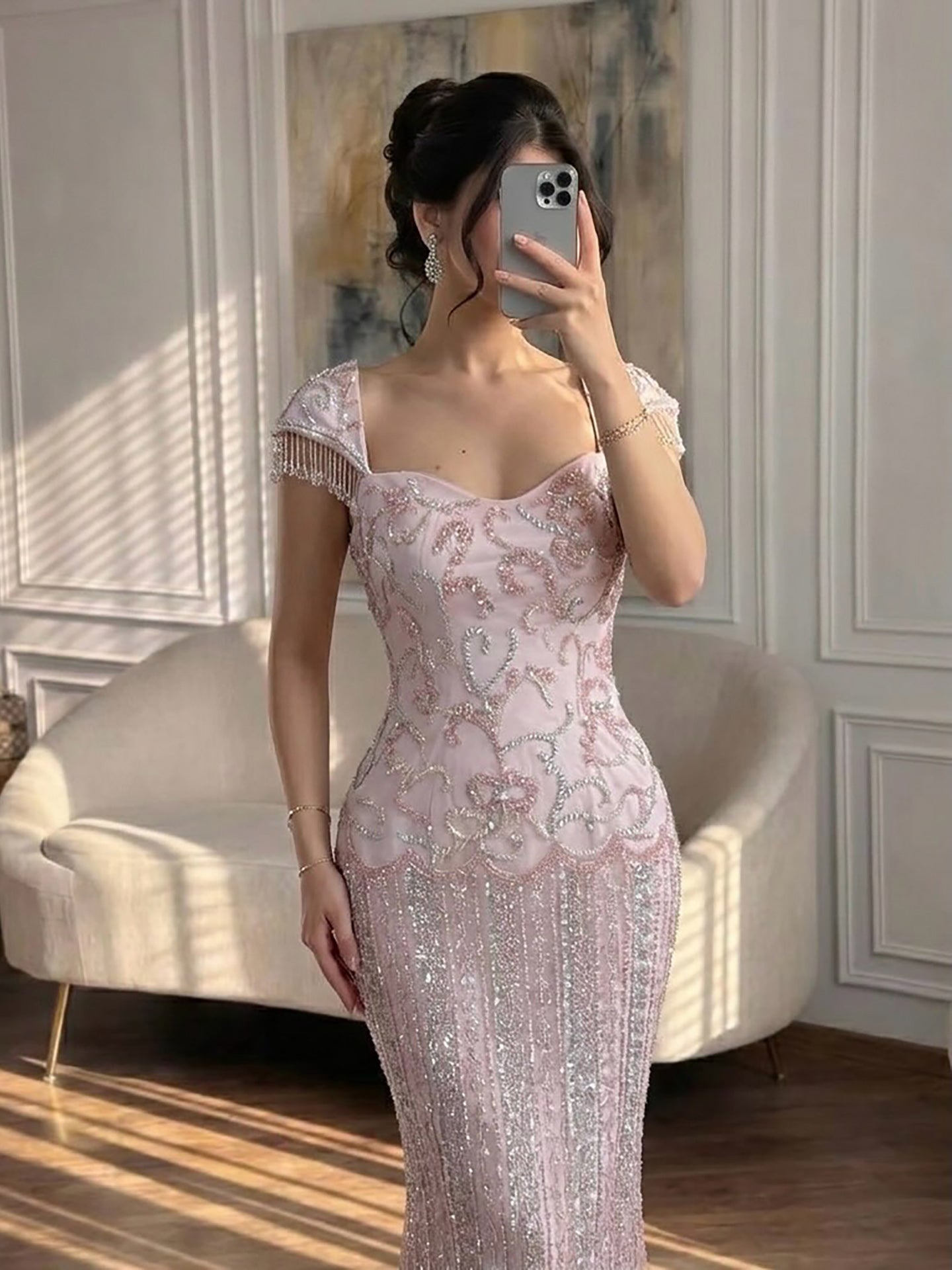Luxury Pink Beaded Mermaid Evening Dress CLA73550