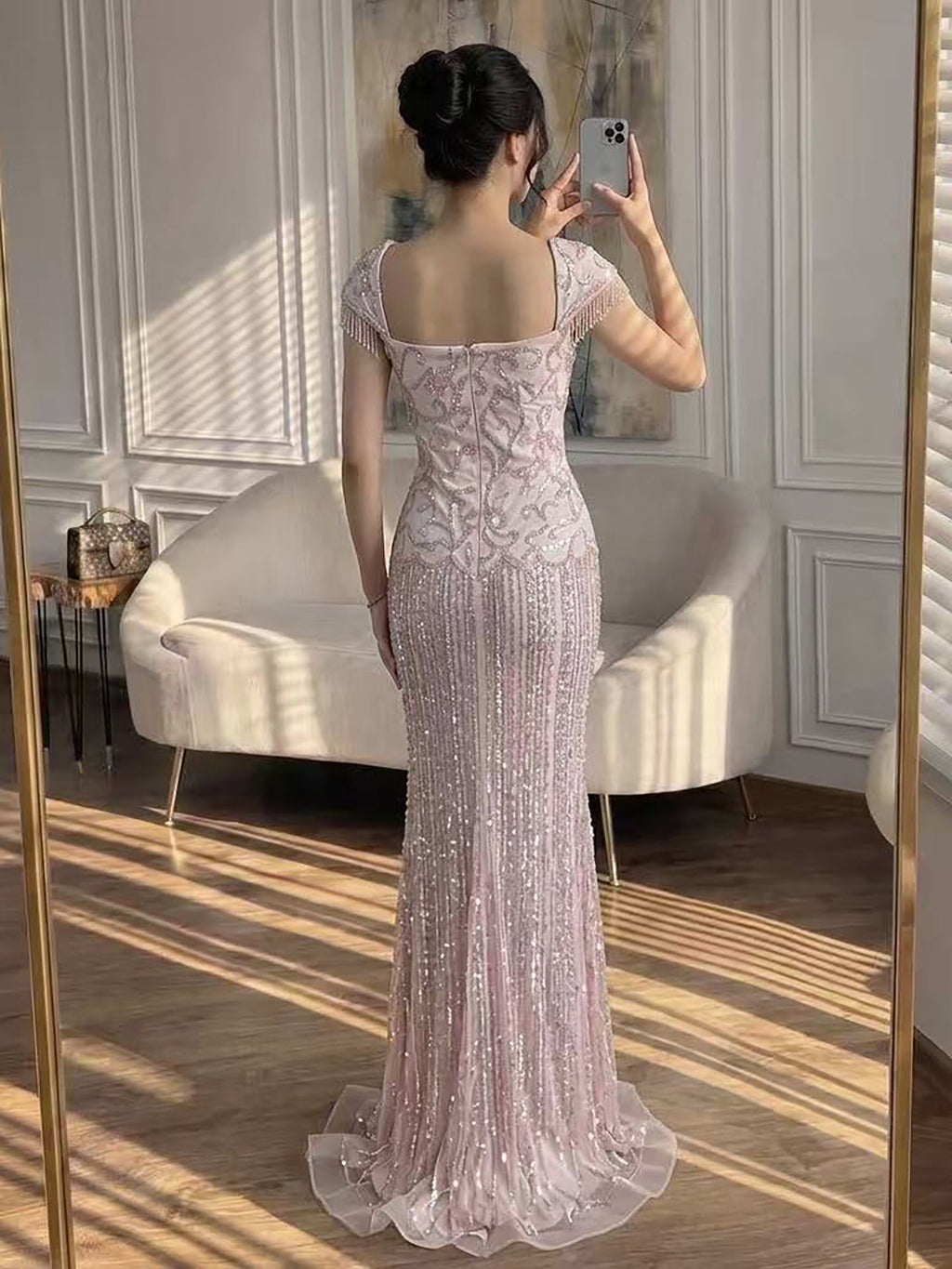 Luxury Pink Beaded Mermaid Evening Dress CLA73550
