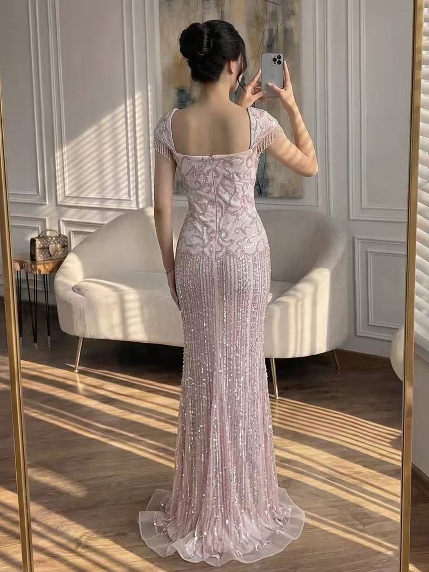 Luxury Pink Beaded Mermaid Evening Dress CLA73550