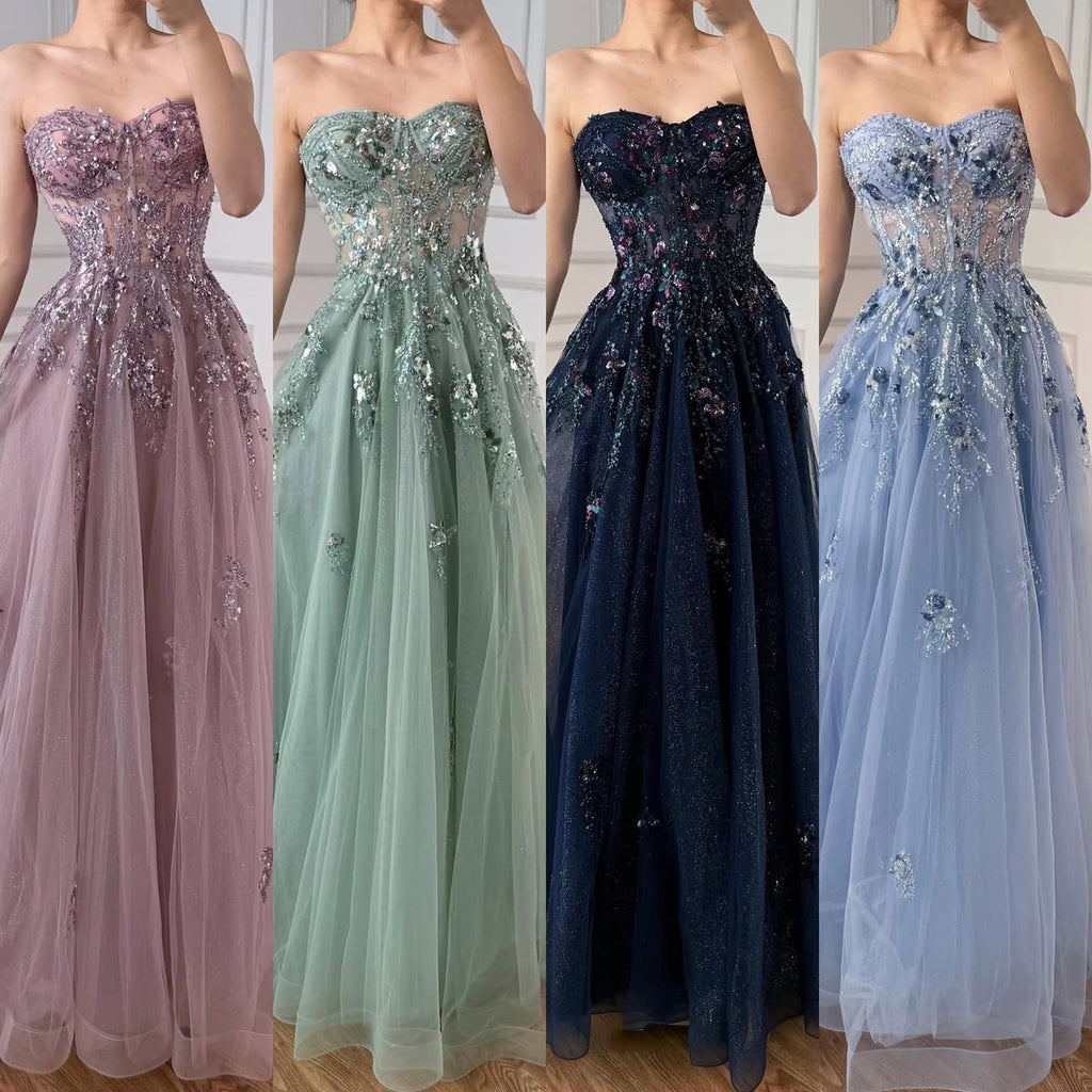 Luxury Blue Strapless Beaded A-Line Prom Dress LA73551