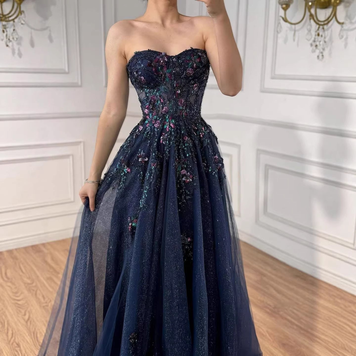 Luxury Blue Strapless Beaded A-Line Prom Dress LA73551