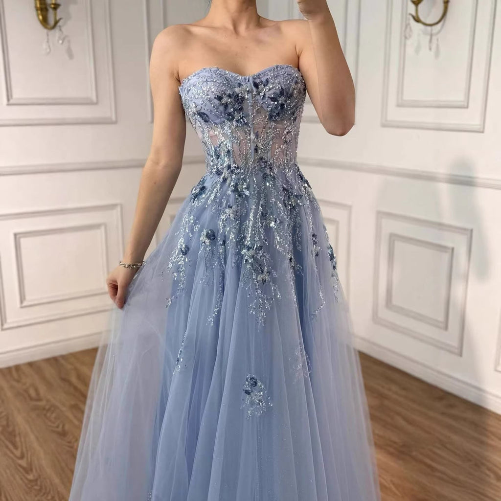 Luxury Blue Strapless Beaded A-Line Prom Dress LA73551