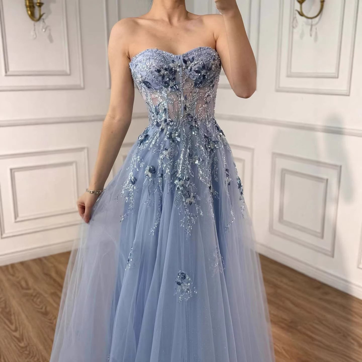 Luxury Blue Strapless Beaded A-Line Prom Dress LA73551
