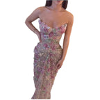 Luxury Saudi Arabic Pink 3D Flower Strapless Beaded Mermaid Evening Dress LA73552
