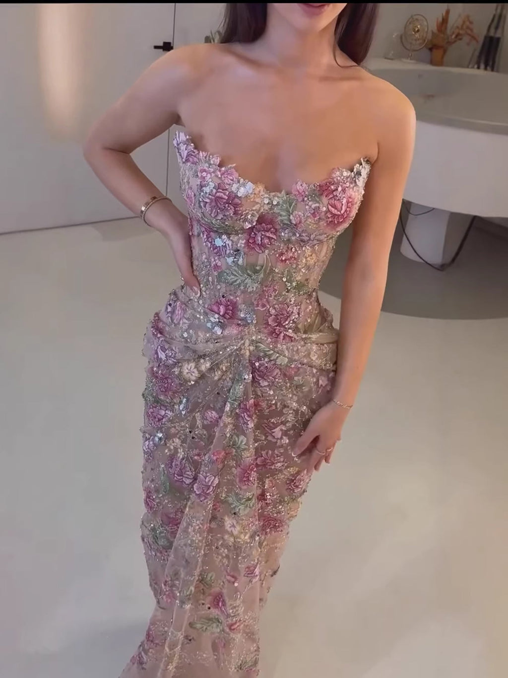 Luxury Saudi Arabic Pink 3D Flower Strapless Beaded Mermaid Evening Dress LA73552