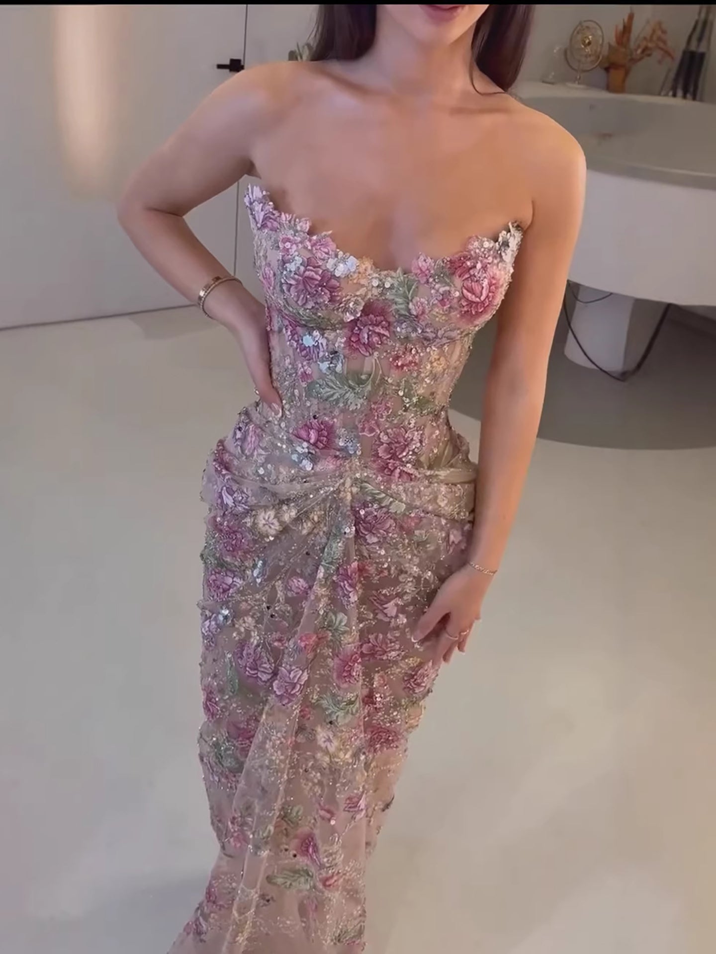 Luxury Saudi Arabic Pink 3D Flower Strapless Beaded Mermaid Evening Dress LA73552