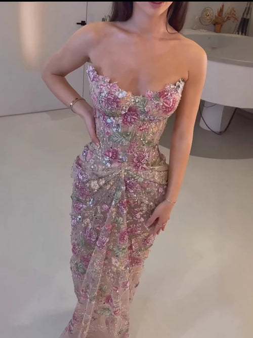 Kosovo Pink Floral Strapless Beaded Mermaid Corset Back Evening Dress CLA73552
