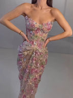 Luxury Saudi Arabic Pink 3D Flower Strapless Beaded Mermaid Evening Dress LA73552