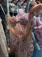 Kosovo Pink Floral Strapless Beaded Mermaid Corset Back Evening Dress CLA73552