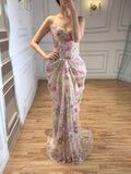 Kosovo Pink Floral Strapless Beaded Mermaid Corset Back Evening Dress CLA73552