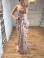 Kosovo Pink Floral Strapless Beaded Mermaid Corset Back Evening Dress CLA73552