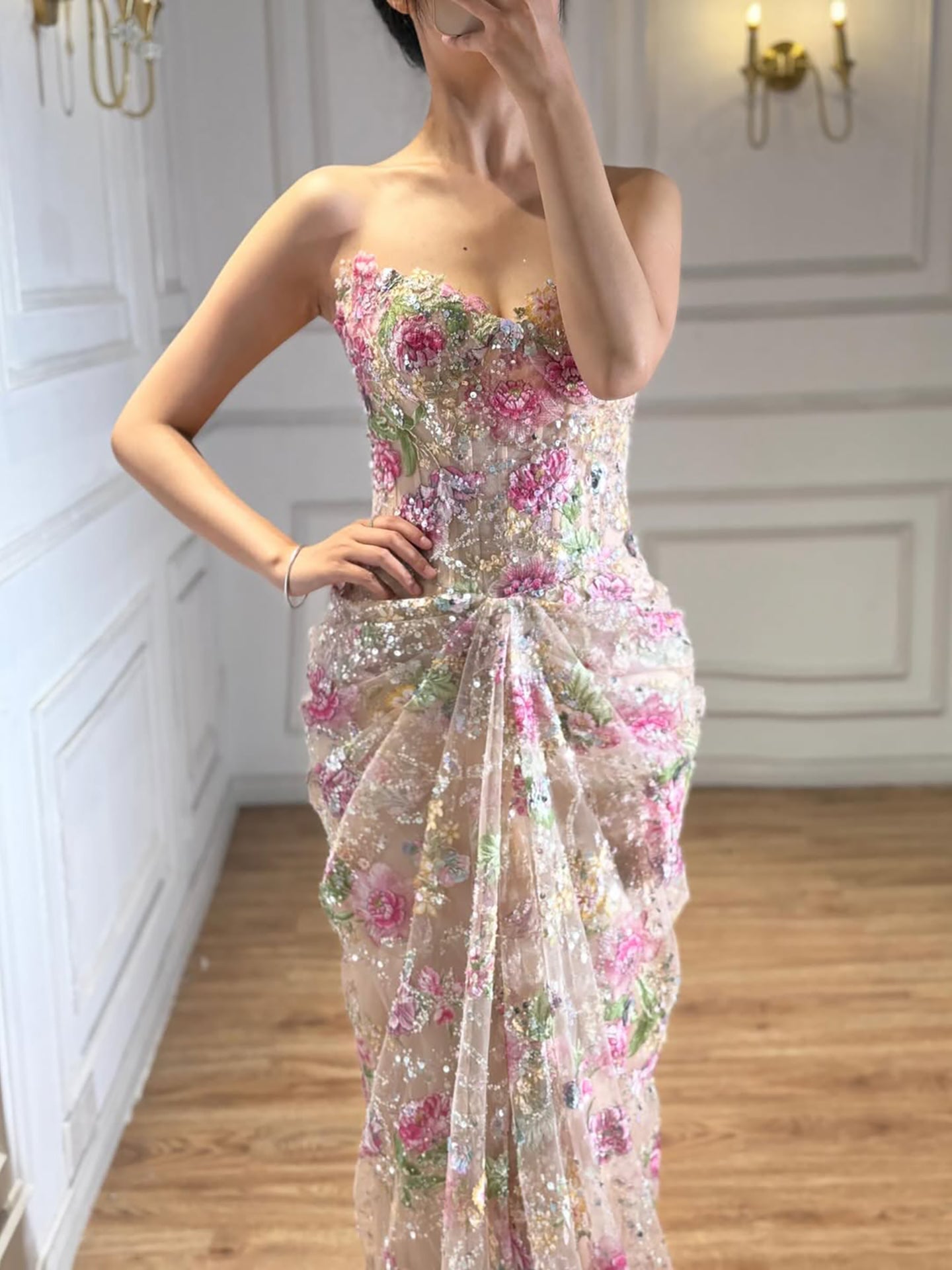 Kosovo Pink Floral Strapless Beaded Mermaid Corset Back Evening Dress CLA73552