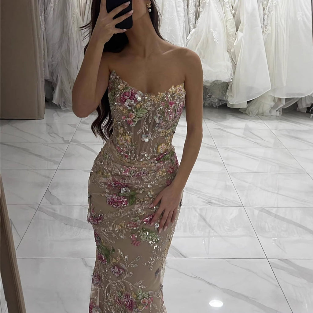 Luxury Nude Floral Beaded Sheer Mermaid Evening Dress LA73552A