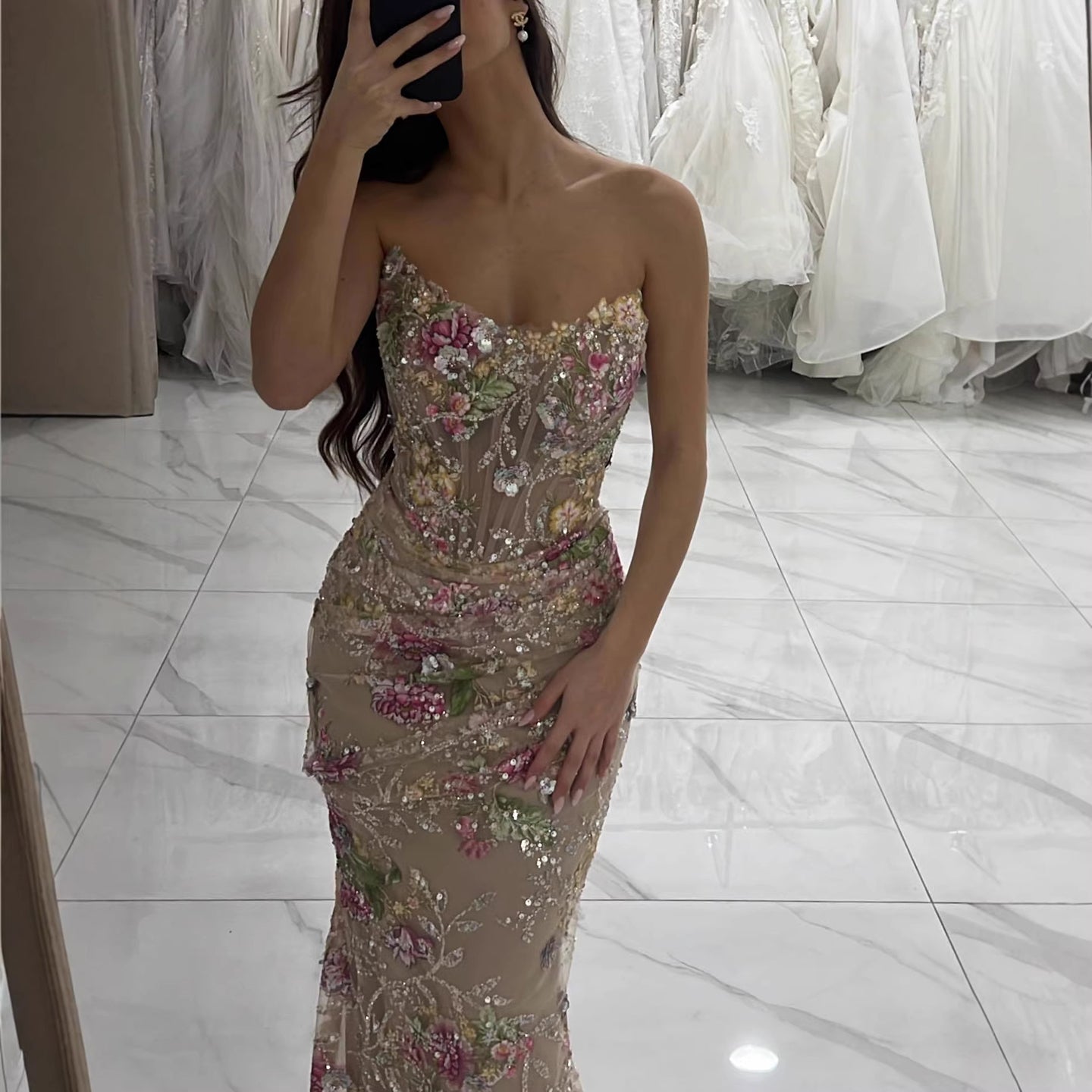 Luxury Nude Floral Beaded Sheer Mermaid Evening Dress LA73552A