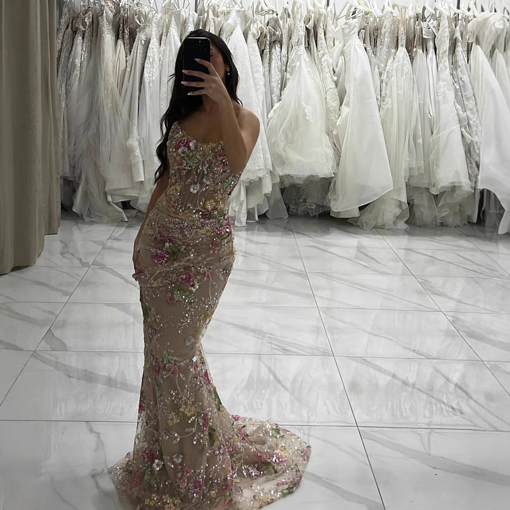 Luxury Nude Floral Beaded Sheer Mermaid Evening Dress LA73552A