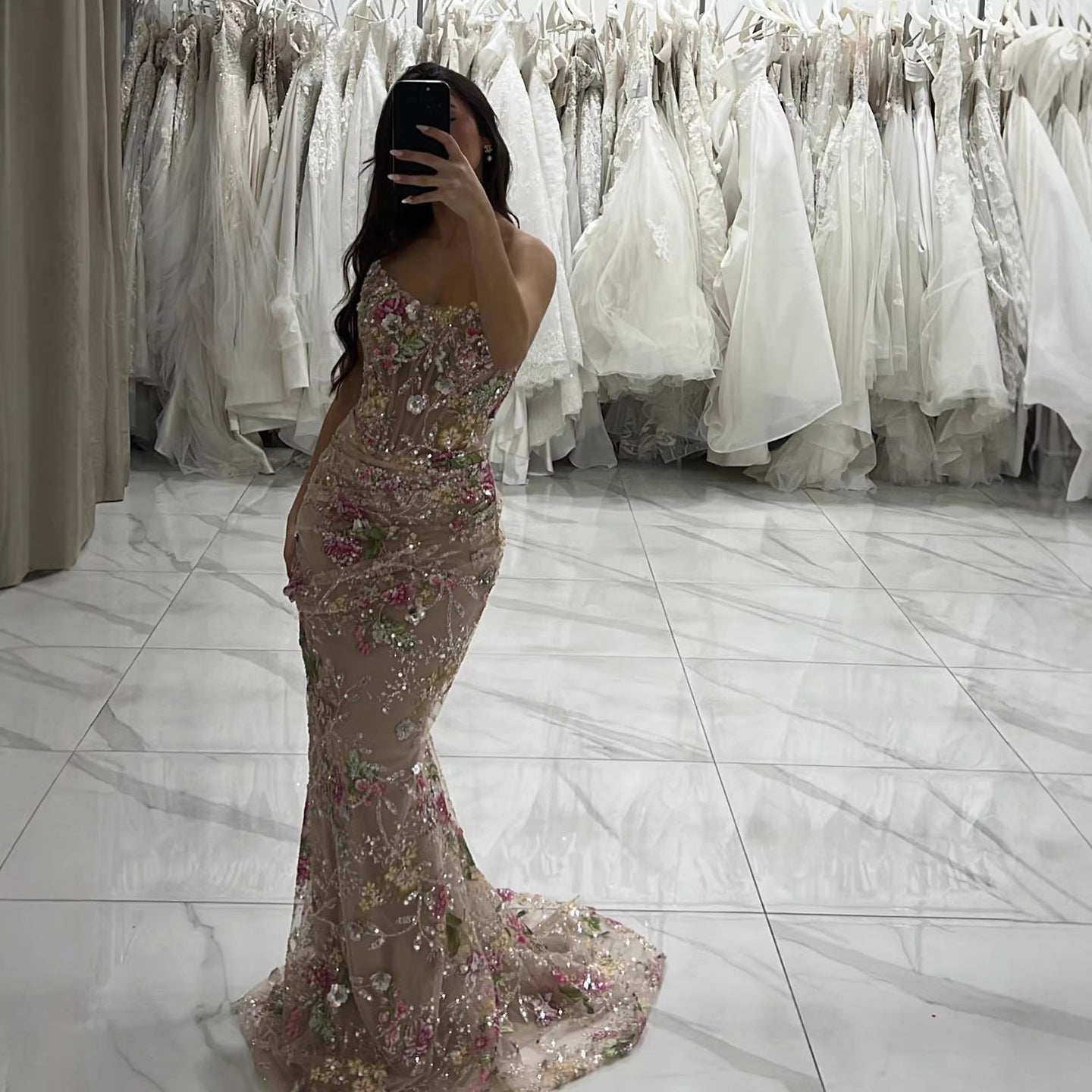 Luxury Nude Floral Beaded Sheer Mermaid Evening Dress LA73552A