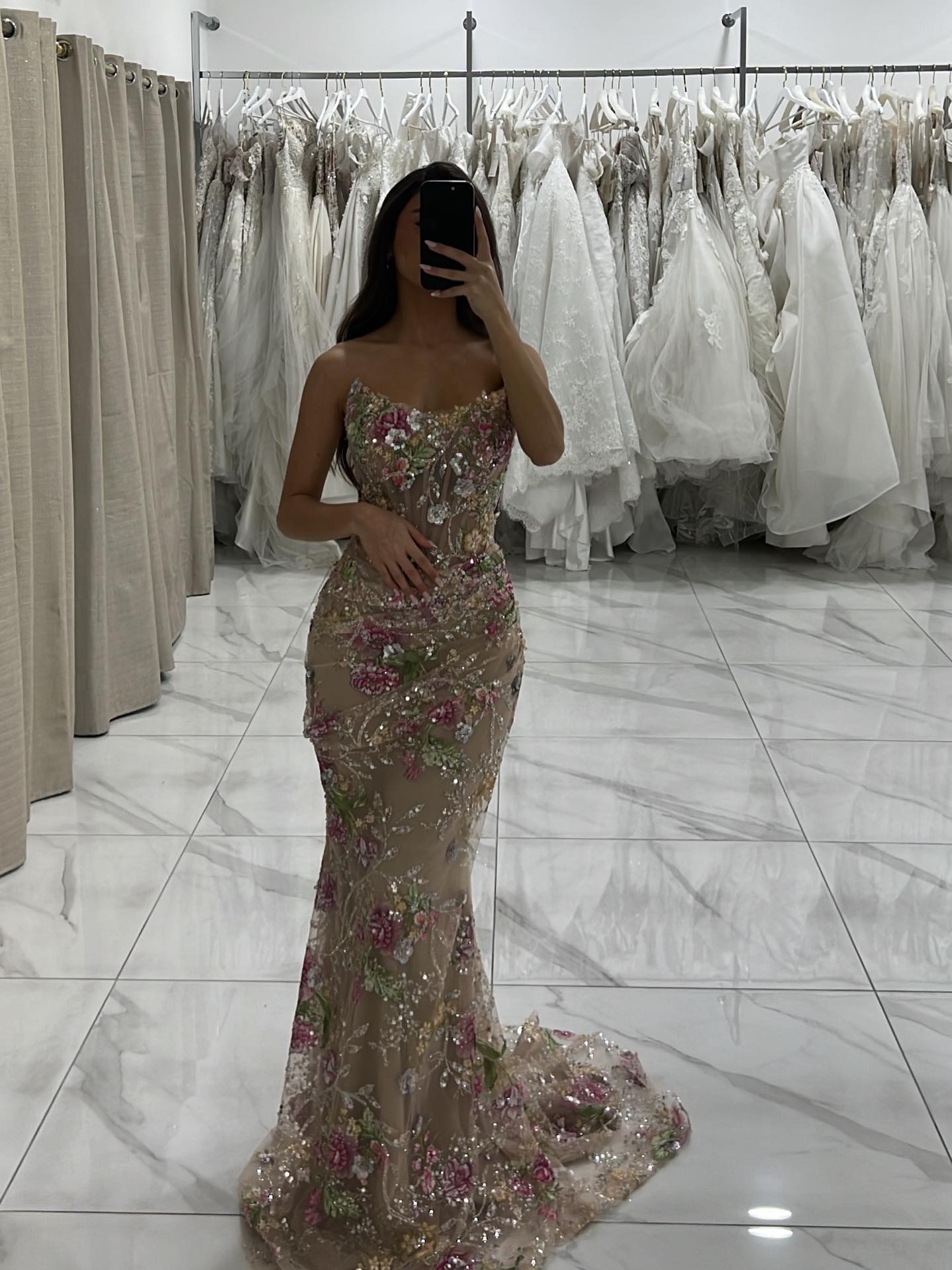 Luxury Nude Floral Beaded Sheer Mermaid Evening Dress LA73552A