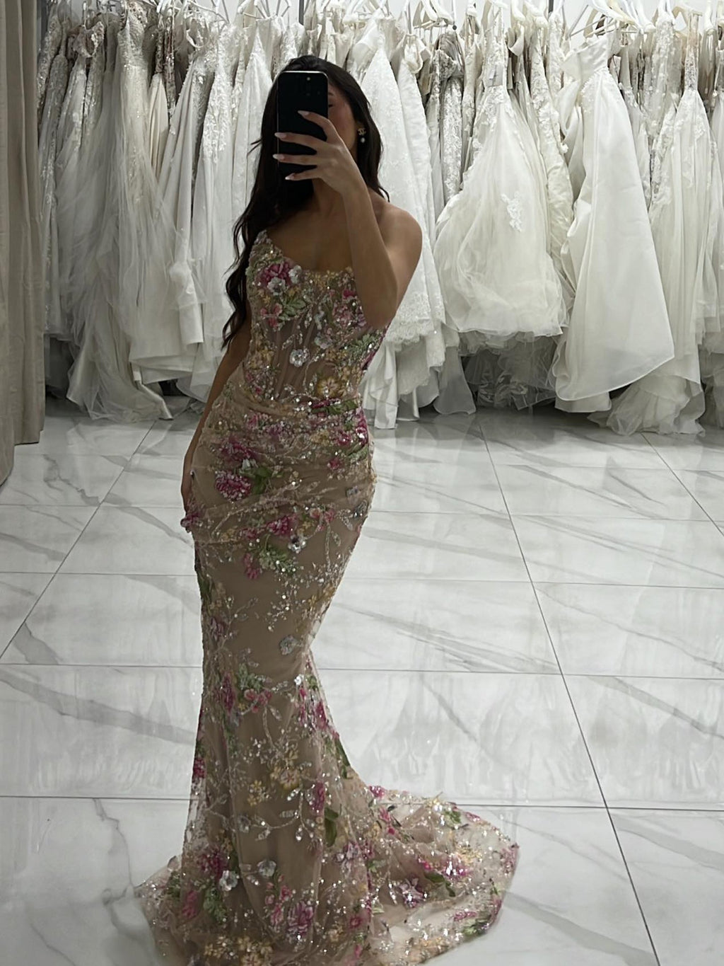 Luxury Nude Floral Beaded Sheer Mermaid Evening Dress LA73552A