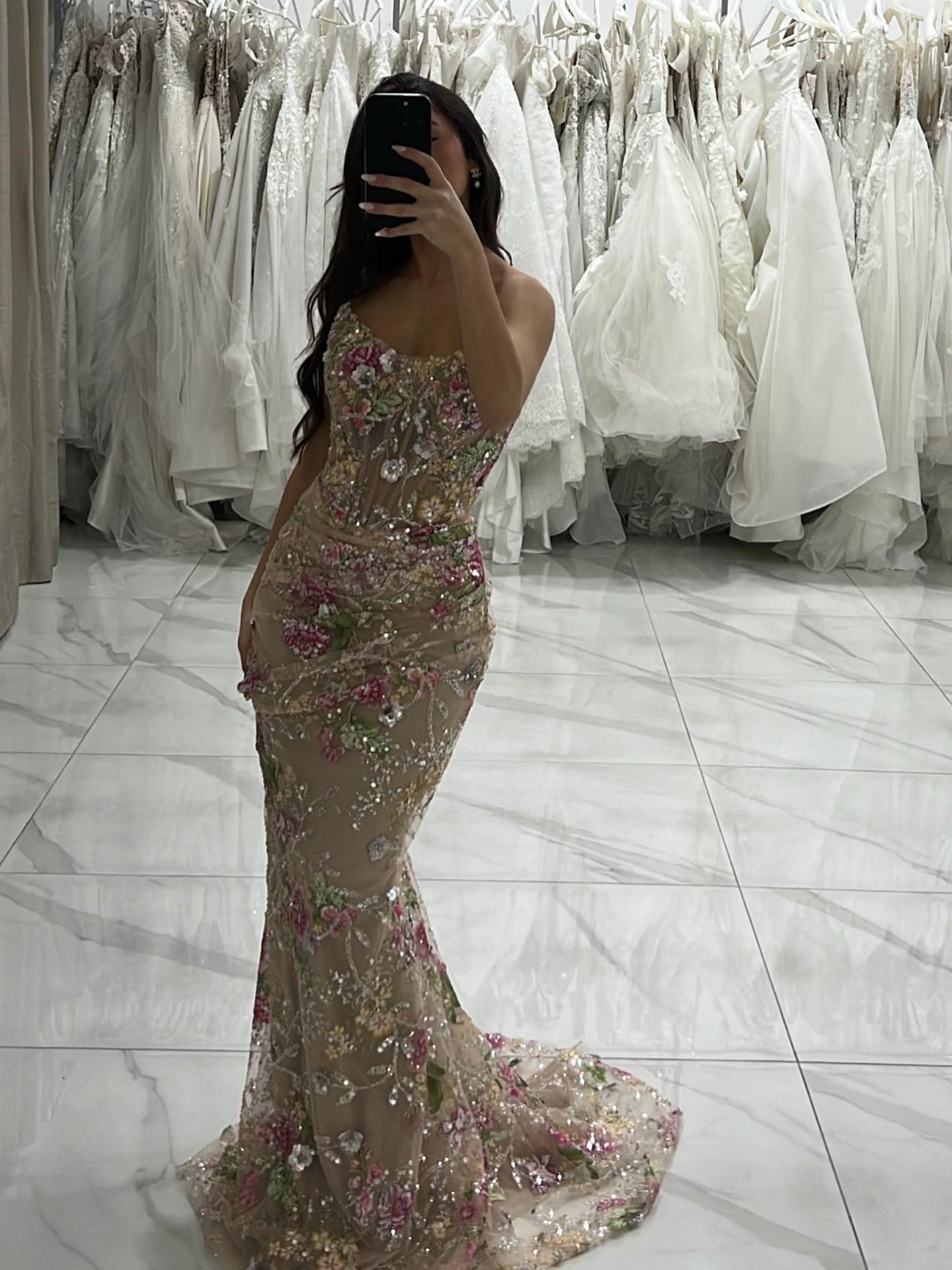 Luxury Nude Floral Beaded Sheer Mermaid Evening Dress LA73552A