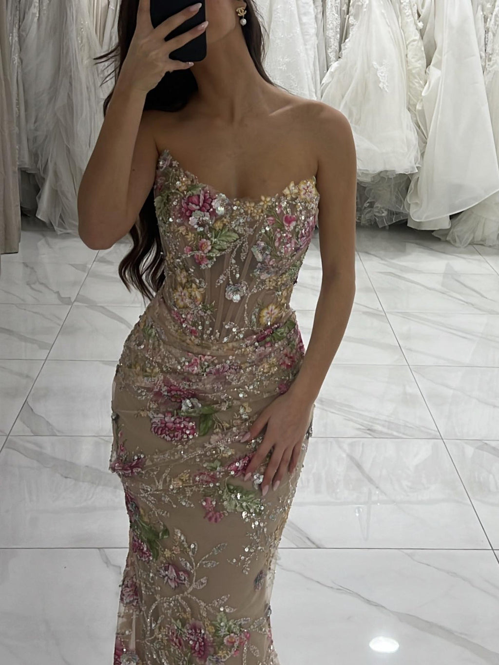 Luxury Nude Floral Beaded Sheer Mermaid Evening Dress LA73552A