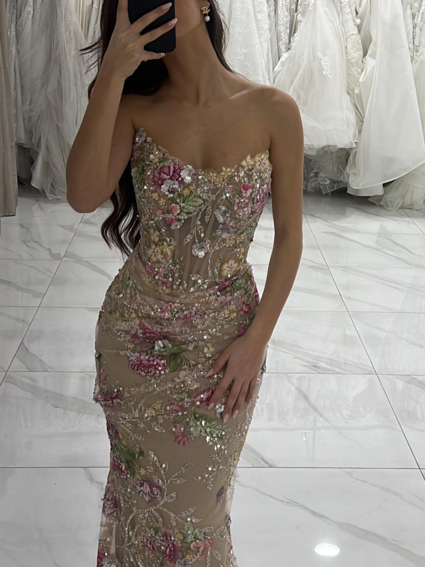 Luxury Nude Floral Beaded Sheer Mermaid Evening Dress LA73552A