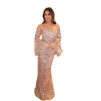 Luxury Nude Pink Floral Beaded Mermaid Evening Dress Long Sleeves LA73552B