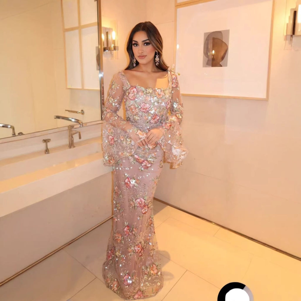 Luxury Nude Pink Floral Beaded Mermaid Evening Dress Long Sleeves LA73552B