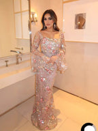 Luxury Nude Pink Floral Beaded Mermaid Evening Dress Long Sleeves LA73552B