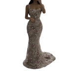 Luxury Nude Pink Floral Beaded Mermaid Evening Dress CLA73552C