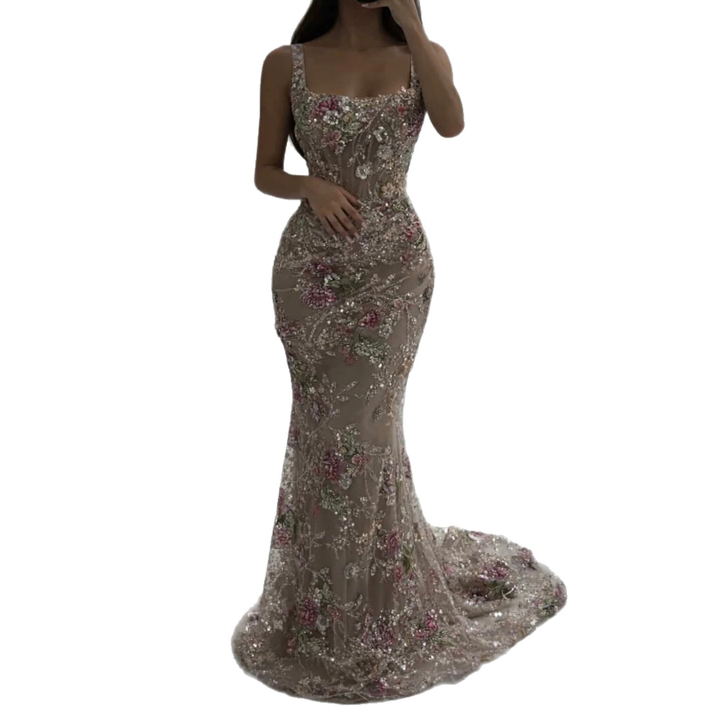 Luxury Nude Pink Floral Beaded Mermaid Evening Dress CLA73552C