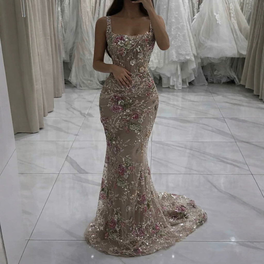 Luxury Nude Pink Floral Beaded Mermaid Evening Dress CLA73552C