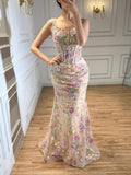 Luxury Nude Pink Floral Beaded Mermaid Evening Dress CLA73552C