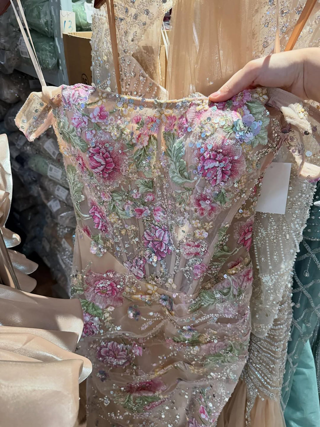 Luxury Nude Pink Floral Beaded Mermaid Evening Dress CLA73552C