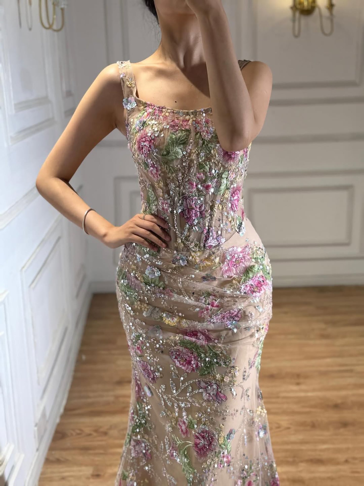 Luxury Nude Pink Floral Beaded Mermaid Evening Dress CLA73552C