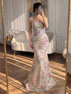 Luxury Nude Pink Floral Beaded Mermaid Evening Dress CLA73552C