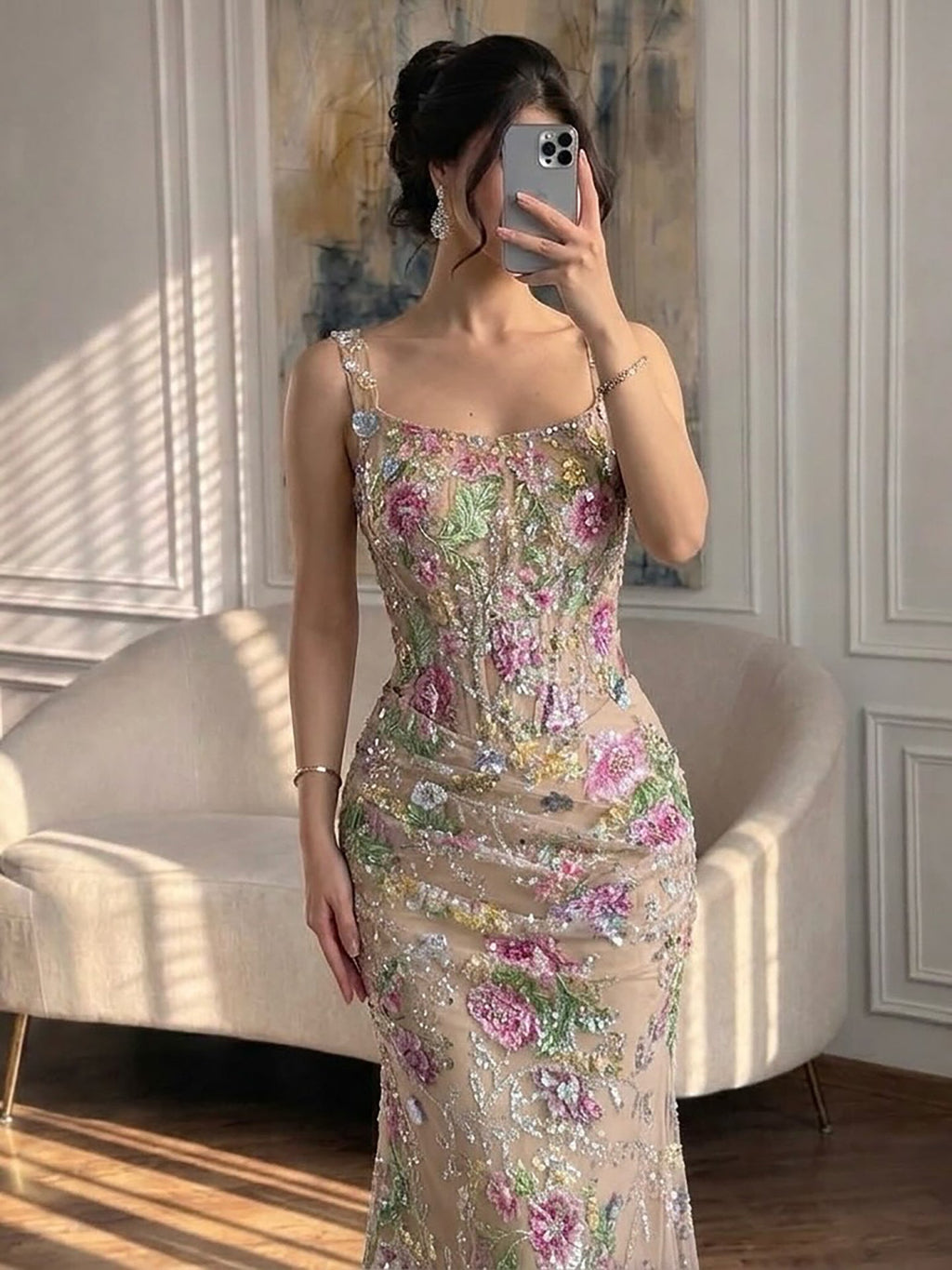 Luxury Nude Pink Floral Beaded Mermaid Evening Dress CLA73552C