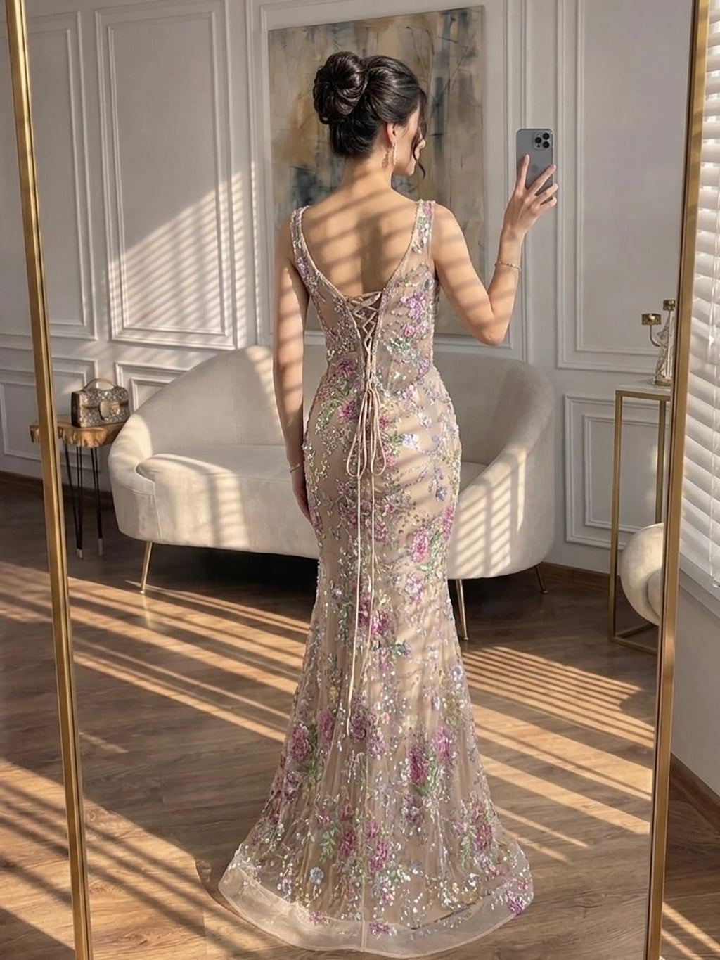Luxury Nude Pink Floral Beaded Mermaid Evening Dress CLA73552C