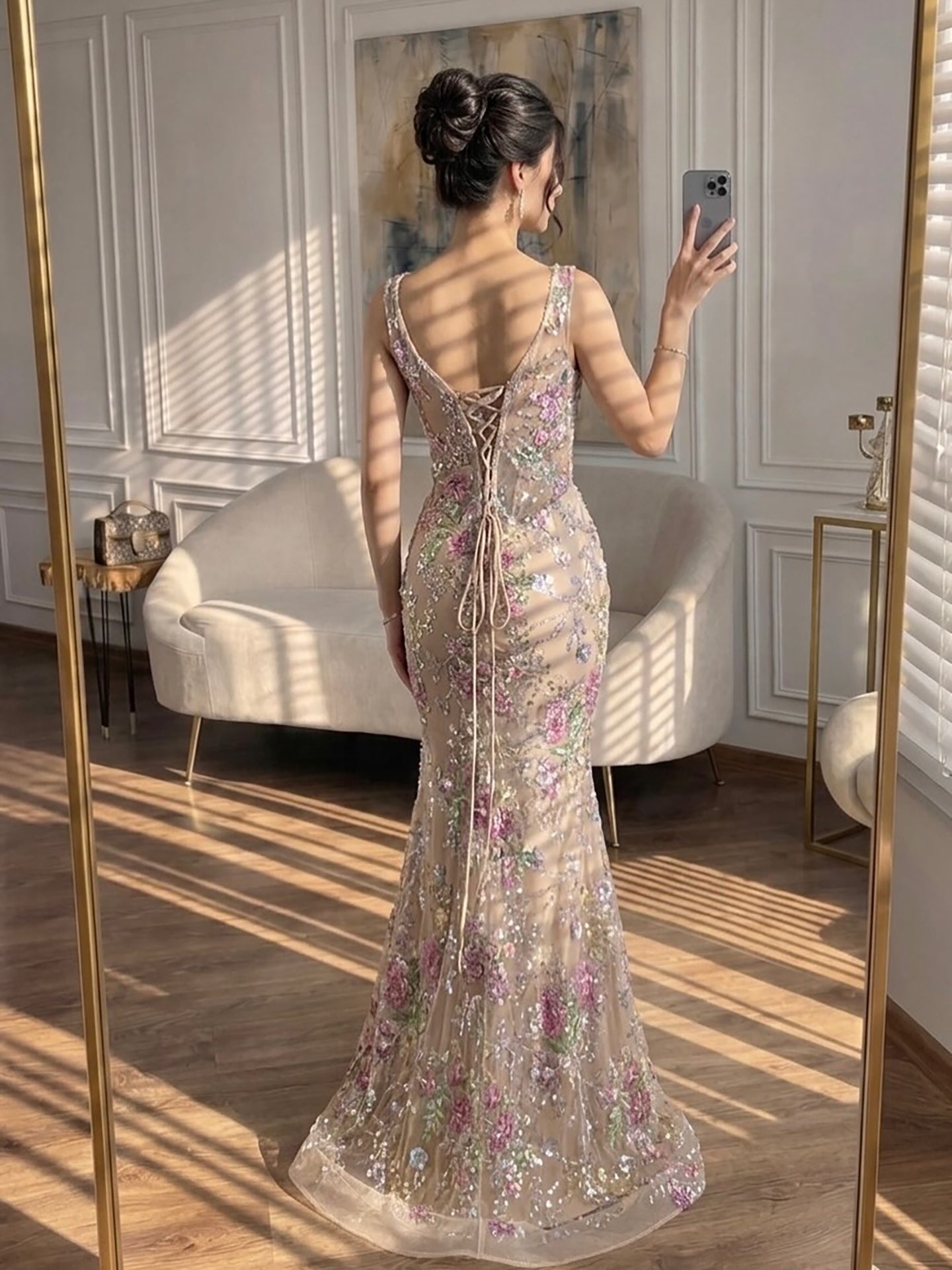 Luxury Nude Pink Floral Beaded Mermaid Evening Dress CLA73552C