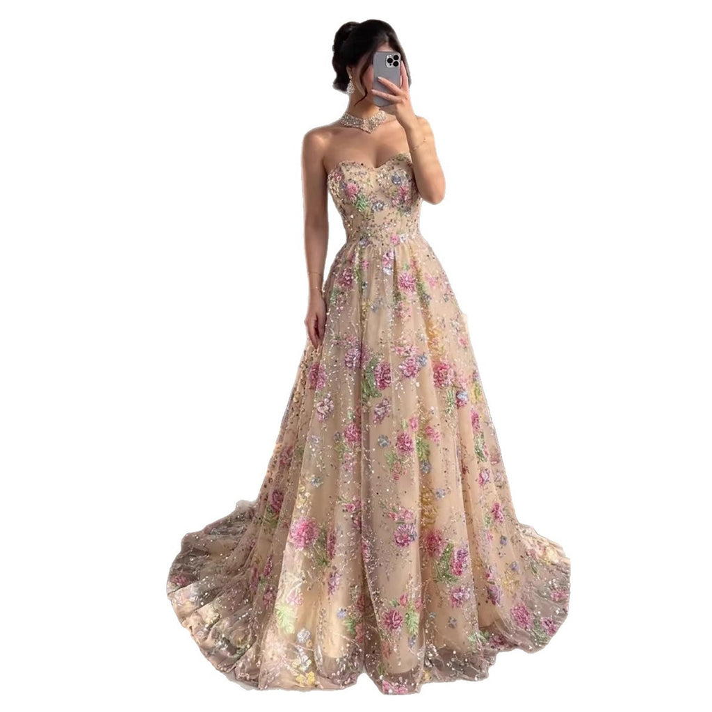 Luxury Pink Floral Beaded Strapless A-Line Evening Gown CLA73552D