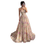 Luxury Pink Floral Beaded Strapless A-Line Evening Gown CLA73552D