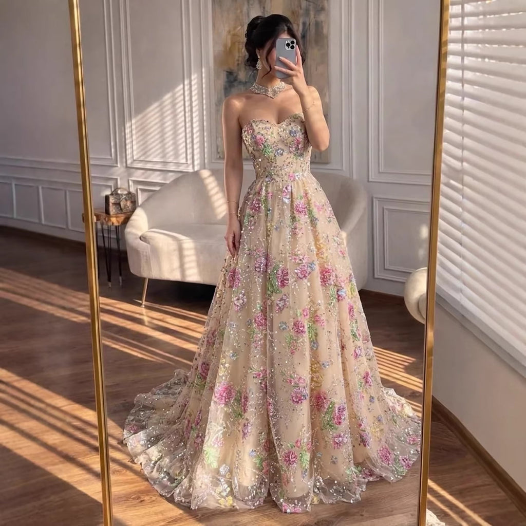 Luxury Pink Floral Beaded Strapless A-Line Evening Gown CLA73552D