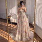 Luxury Pink Floral Beaded Strapless A-Line Evening Gown CLA73552D